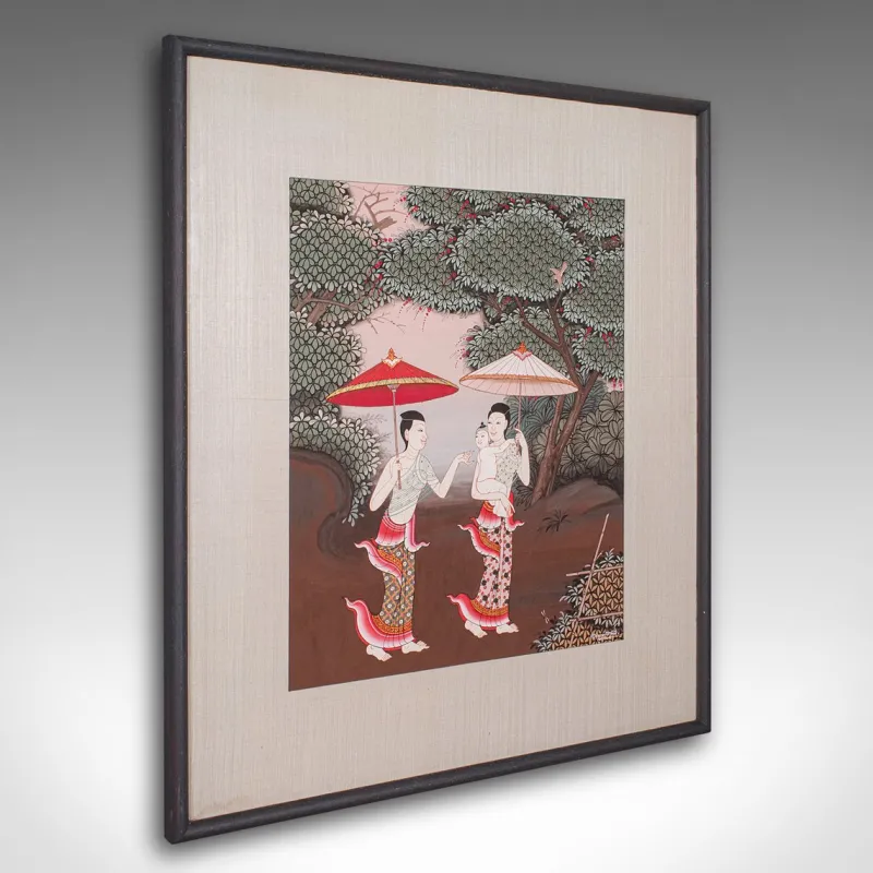 Pamono Thai Artist, Far Eastern Scene, Gouache, 1980s, Framed> Mid-Century
