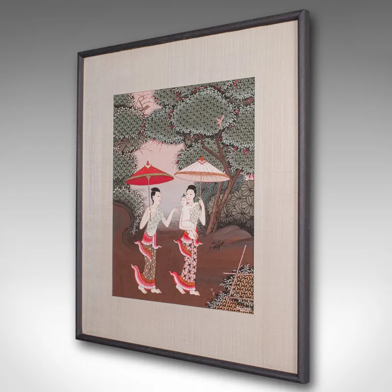 Pamono Thai Artist, Far Eastern Scene, Gouache, 1980s, Framed> Mid-Century
