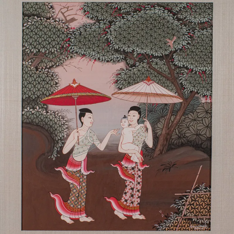 Pamono Thai Artist, Far Eastern Scene, Gouache, 1980s, Framed> Mid-Century