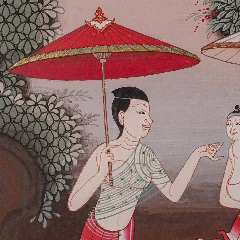 Pamono Thai Artist, Far Eastern Scene, Gouache, 1980s, Framed> Mid-Century