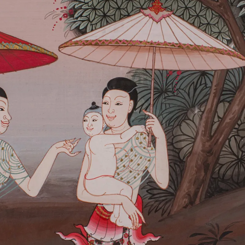 Pamono Thai Artist, Far Eastern Scene, Gouache, 1980s, Framed> Mid-Century
