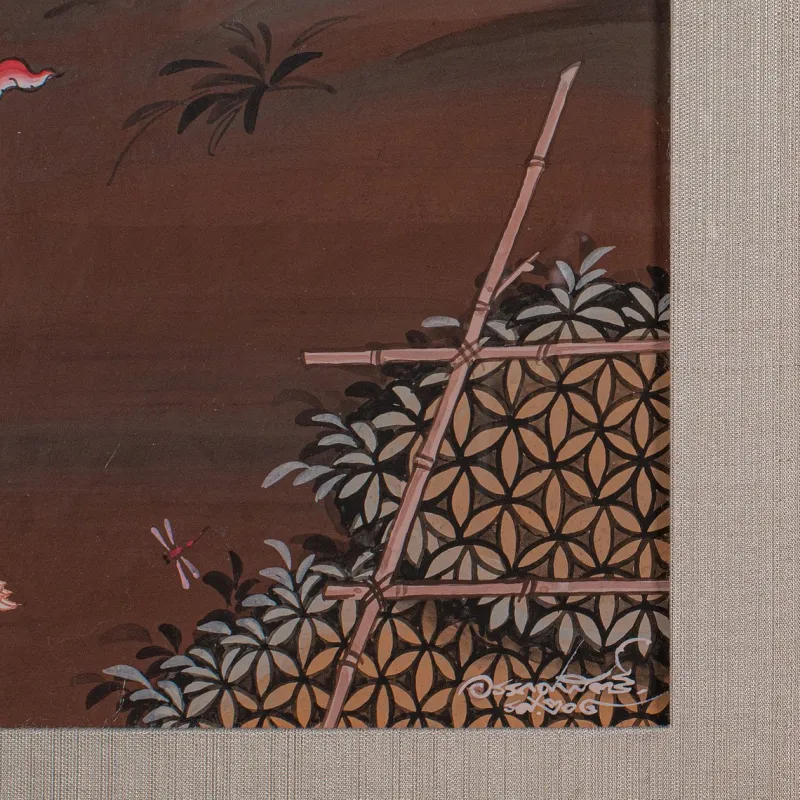 Pamono Thai Artist, Far Eastern Scene, Gouache, 1980s, Framed> Mid-Century