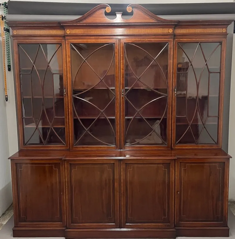Pamono 19th Century Inlaid Mahogany Breakfront Bookcase, 1880s> Shelves & Wall Units