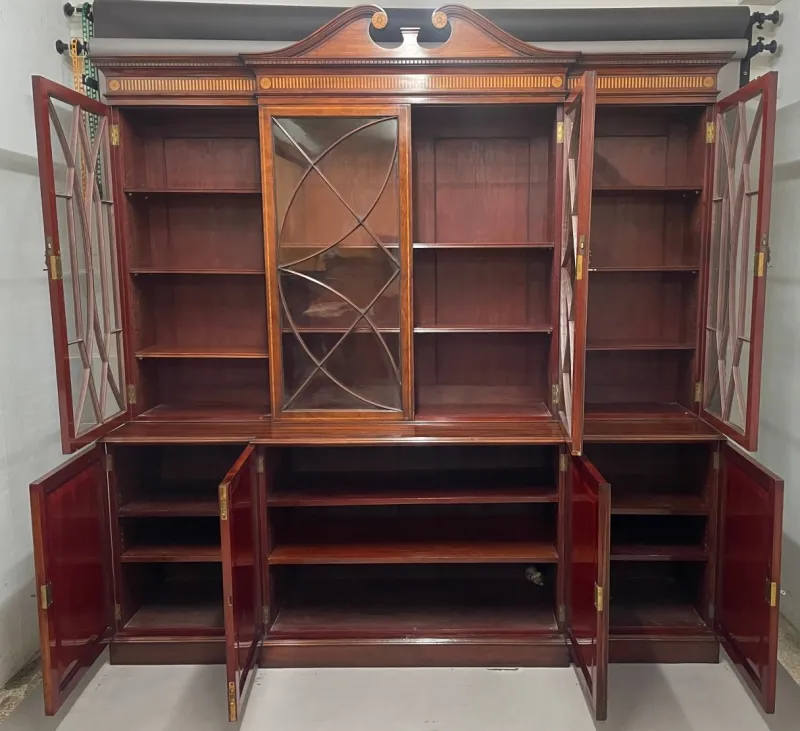 Pamono 19th Century Inlaid Mahogany Breakfront Bookcase, 1880s> Shelves & Wall Units