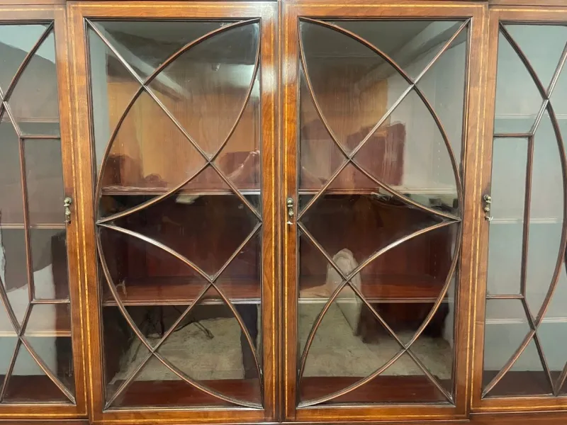 Pamono 19th Century Inlaid Mahogany Breakfront Bookcase, 1880s> Shelves & Wall Units