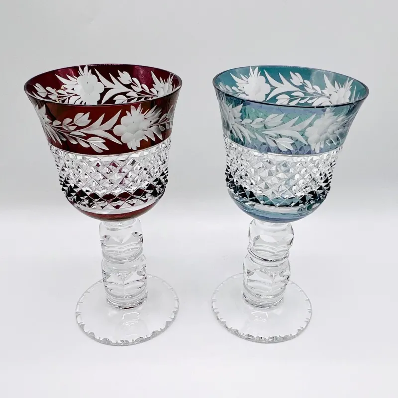 Pamono Thick Stem Cut and Etched Crystal Wine Goblets, Bohemia, 1950s, Set of 5> Glassware