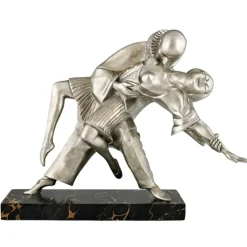 Pamono Thomas Cartier, Art Deco Sculpture of Cubist Dancers Pierrot and Colombine, 1930s, Bronze on Marble Base> Art Deco