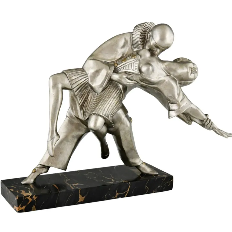 Pamono Thomas Cartier, Art Deco Sculpture of Cubist Dancers Pierrot and Colombine, 1930s, Bronze on Marble Base> Art Deco