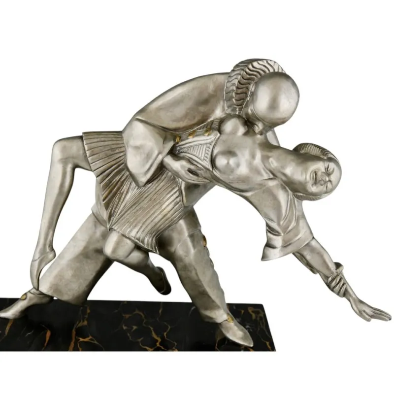 Pamono Thomas Cartier, Art Deco Sculpture of Cubist Dancers Pierrot and Colombine, 1930s, Bronze on Marble Base> Art Deco