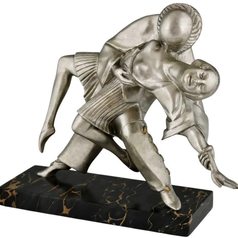 Pamono Thomas Cartier, Art Deco Sculpture of Cubist Dancers Pierrot and Colombine, 1930s, Bronze on Marble Base> Art Deco