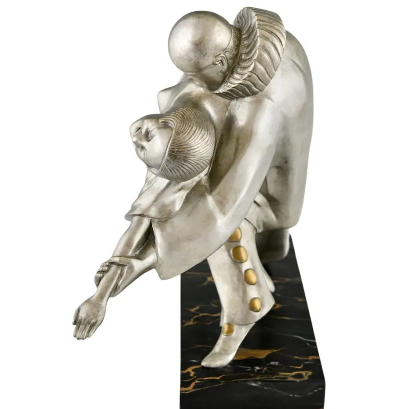 Pamono Thomas Cartier, Art Deco Sculpture of Cubist Dancers Pierrot and Colombine, 1930s, Bronze on Marble Base> Art Deco