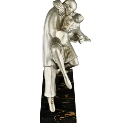 Pamono Thomas Cartier, Art Deco Sculpture of Cubist Dancers Pierrot and Colombine, 1930s, Bronze on Marble Base><noscript><img width=