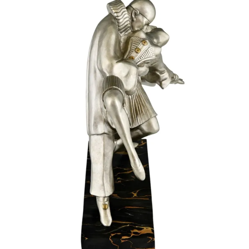 Pamono Thomas Cartier, Art Deco Sculpture of Cubist Dancers Pierrot and Colombine, 1930s, Bronze on Marble Base> Art Deco