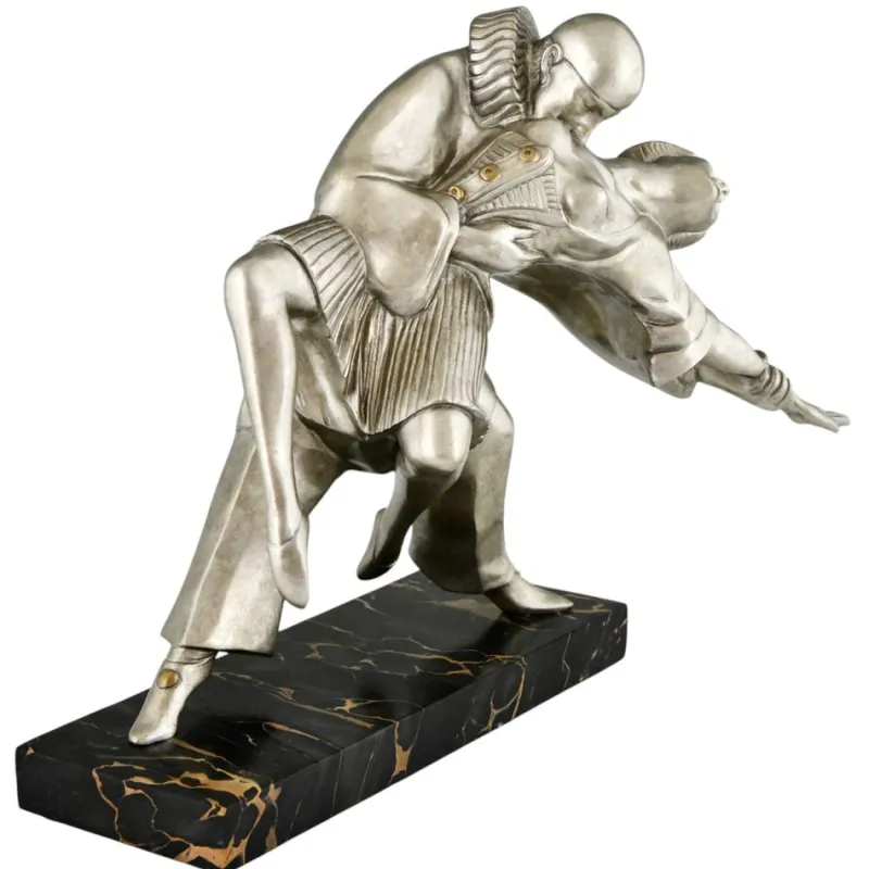 Pamono Thomas Cartier, Art Deco Sculpture of Cubist Dancers Pierrot and Colombine, 1930s, Bronze on Marble Base> Art Deco