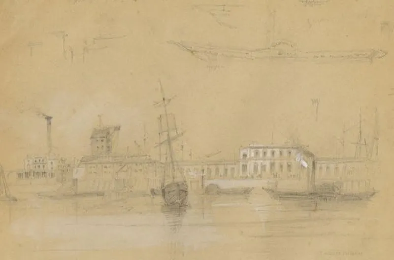 Pamono Thomas Hosmer Shepherd, Custom House, Early 19th Century, Graphite Drawing> Work On Paper
