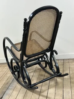 Pamono Thonet Rocking Chair in Blackened Curved Wood and Cane, 1900s by Michael Thonet, 1890s><noscript><img width=