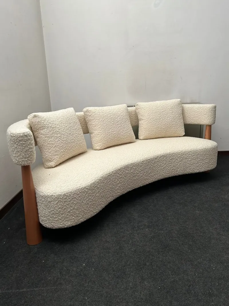 Pamono Three-Seater Sofa with Conical Legs in White Bouclé Wood, 2000s