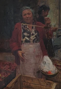 Clearance Pamono Tonino Manna, Femme au Marché, Oil on Canvas, Framed