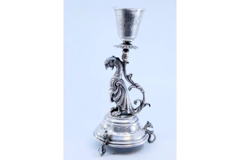Clearance Pamono Toothpick Holder in the Shape of a Mythical Figure Holding a Chalice and Resting on an Engraved Base with Three Mythological Feet