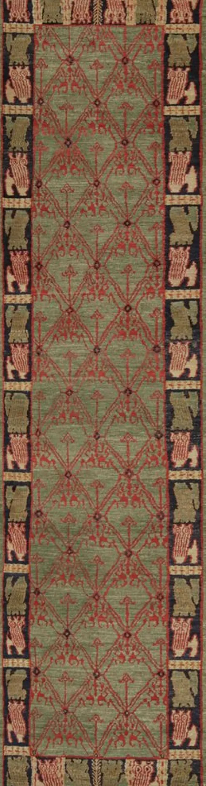 Outlet Pamono Traditional Geometric Green and Red Wool Rug from R&K Principal Jahanshah Nazmiyal