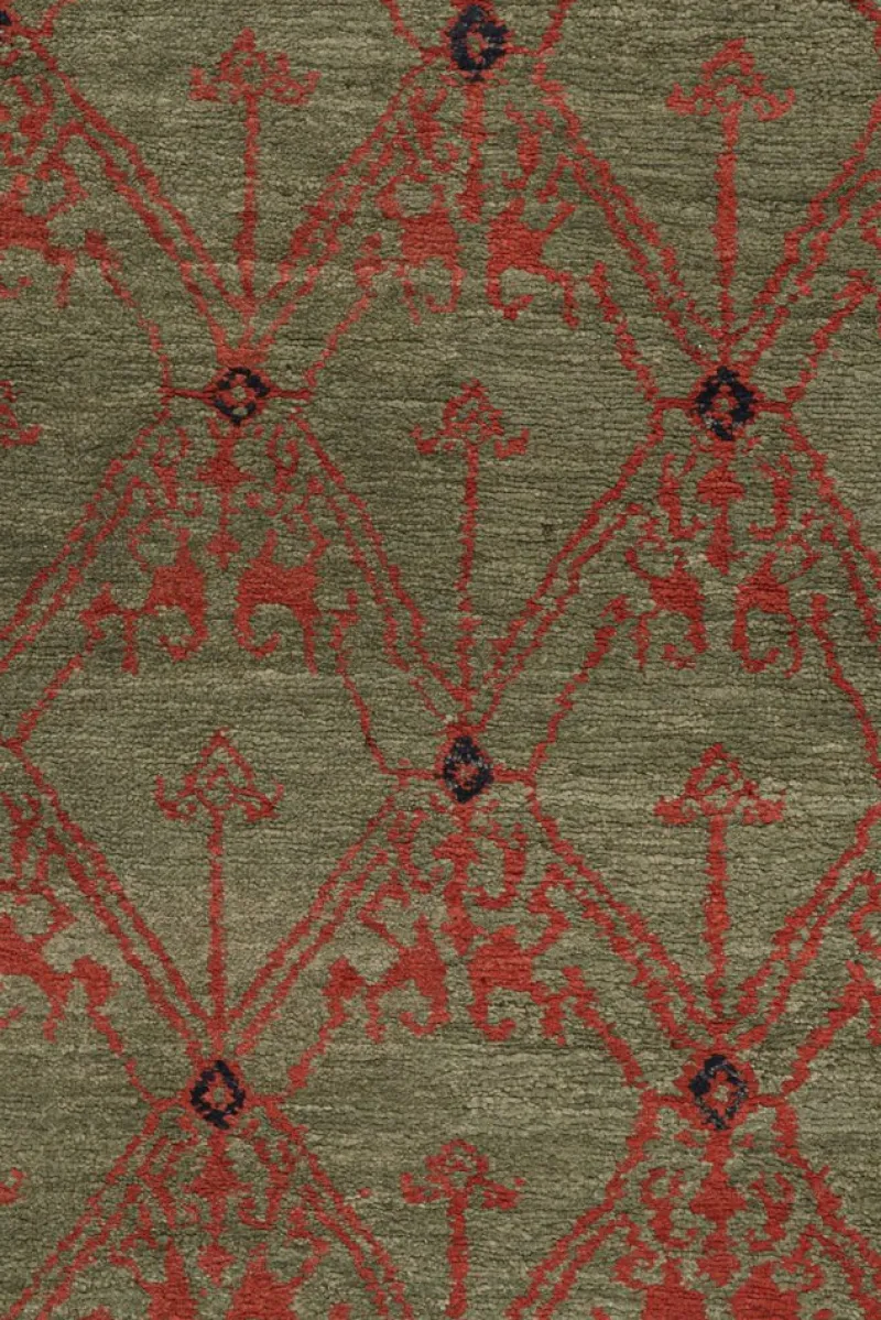 Outlet Pamono Traditional Geometric Green and Red Wool Rug from R&K Principal Jahanshah Nazmiyal