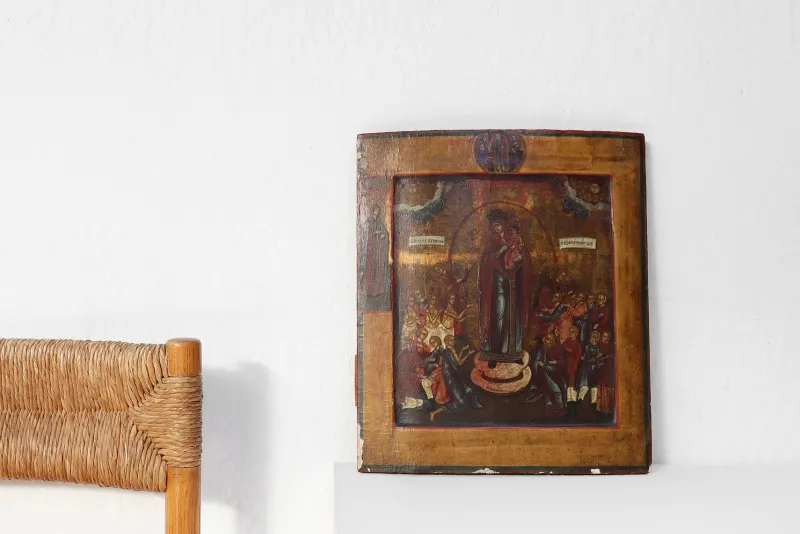 Discount Pamono Traditional Religious Icon with Mother of God, Joy of All Who Sorrow, 1800s, Tempera on Wood