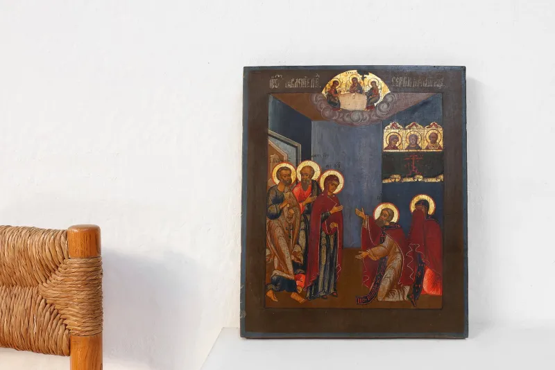Pamono Traditional Religious Icon with Saint Healing a Sick Person, 1800s, Tempera on Wood> Painting