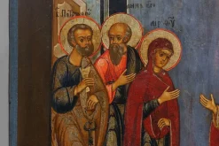 Pamono Traditional Religious Icon with Saint Healing a Sick Person, 1800s, Tempera on Wood><noscript><img width=