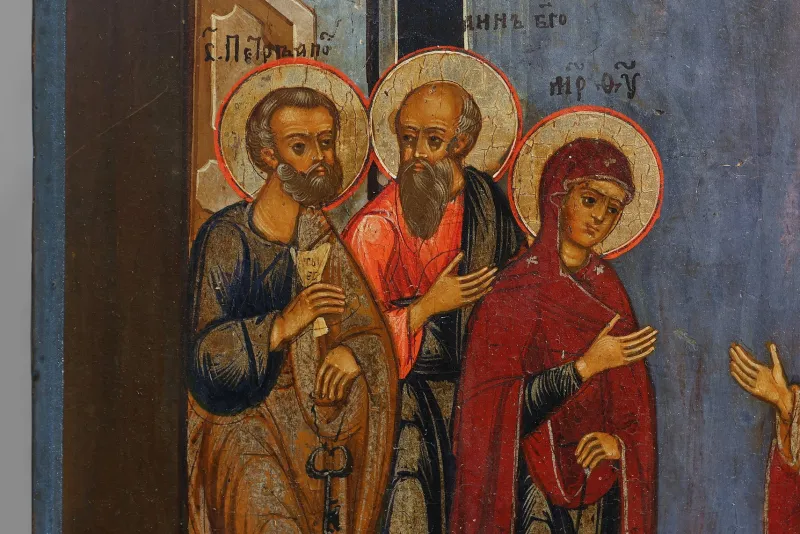 Pamono Traditional Religious Icon with Saint Healing a Sick Person, 1800s, Tempera on Wood> Painting