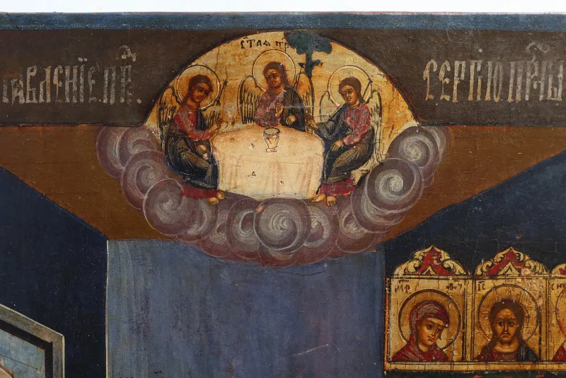 Pamono Traditional Religious Icon with Saint Healing a Sick Person, 1800s, Tempera on Wood> Painting