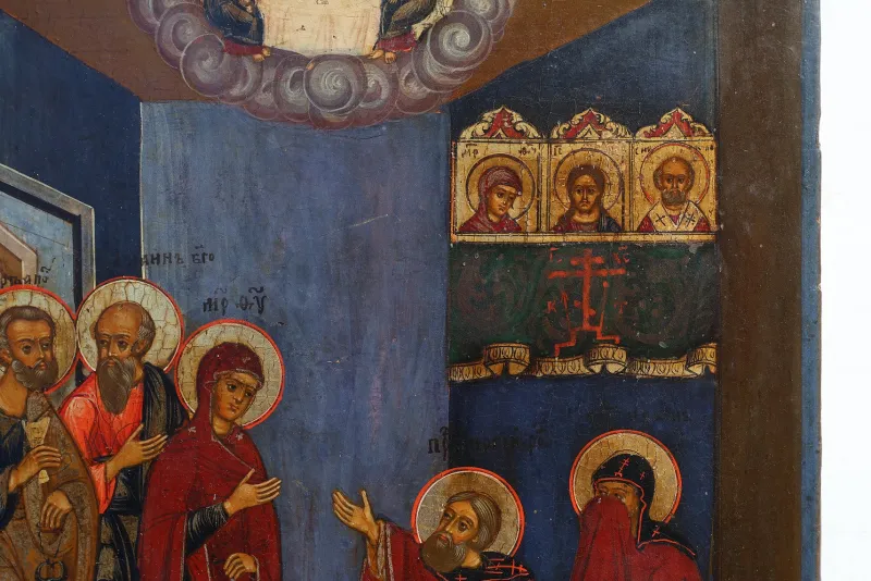 Pamono Traditional Religious Icon with Saint Healing a Sick Person, 1800s, Tempera on Wood> Painting