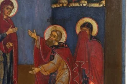 Pamono Traditional Religious Icon with Saint Healing a Sick Person, 1800s, Tempera on Wood><noscript><img width=