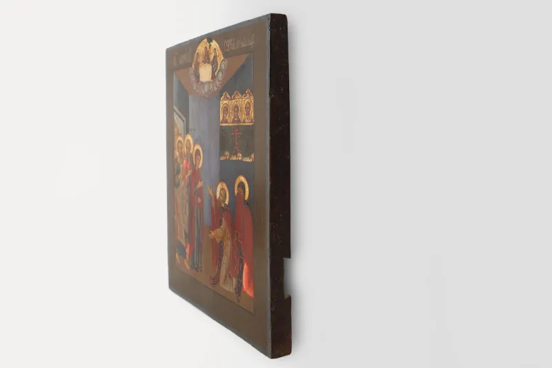 Pamono Traditional Religious Icon with Saint Healing a Sick Person, 1800s, Tempera on Wood> Painting