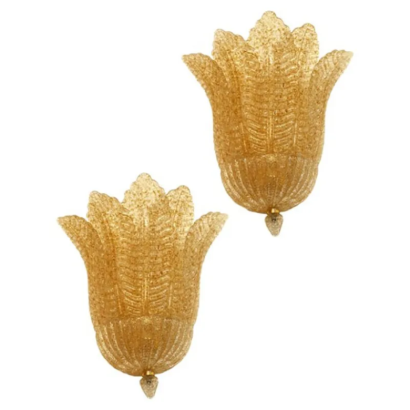 Pamono Transparent and Gold Graniglia Leaf Murano Glass Wall Sconces by Simoeng, Set of 2> Wall Lights & Sconces