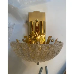 Pamono Transparent and Gold Graniglia Leaf Murano Glass Wall Sconces by Simoeng, Set of 2><noscript><img width=