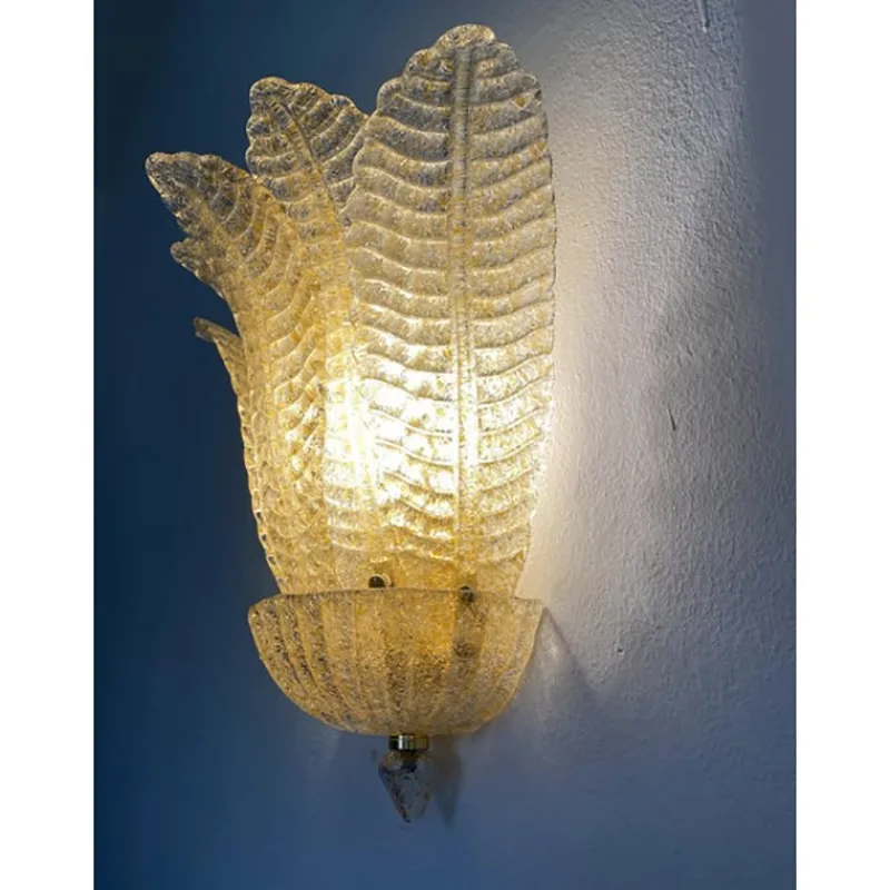 Pamono Transparent and Gold Graniglia Leaf Murano Glass Wall Sconces by Simoeng, Set of 2> Wall Lights & Sconces