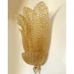 Pamono Transparent and Gold Graniglia Leaf Murano Glass Wall Sconces by Simoeng, Set of 2><noscript><img width=