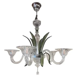 Pamono Transparent and Green Leaves Chandelier in Murano Glass by Simoeng> Ceiling Lights