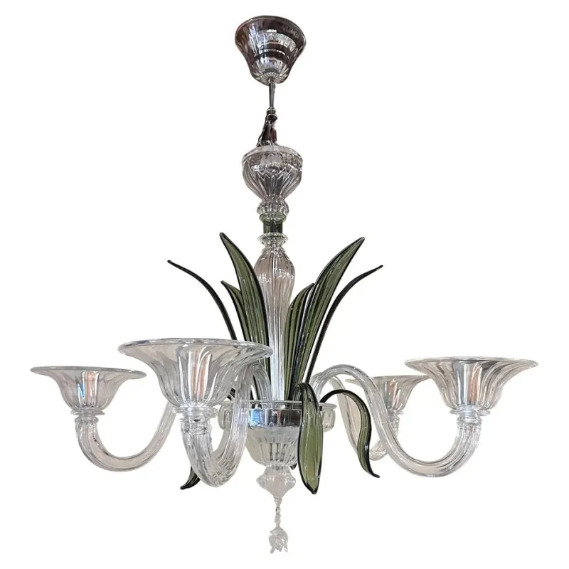 Pamono Transparent and Green Leaves Chandelier in Murano Glass by Simoeng> Ceiling Lights
