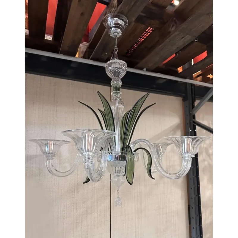 Pamono Transparent and Green Leaves Chandelier in Murano Glass by Simoeng> Ceiling Lights
