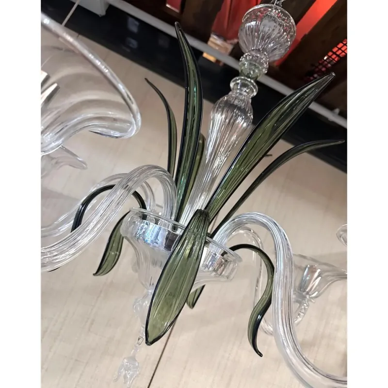 Pamono Transparent and Green Leaves Chandelier in Murano Glass by Simoeng> Ceiling Lights