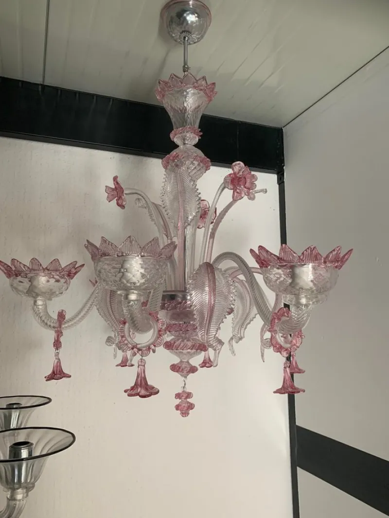 Best Pamono Transparent and Pink Murano Style Glass Chandelier with Flowers and Leaves from Simoeng