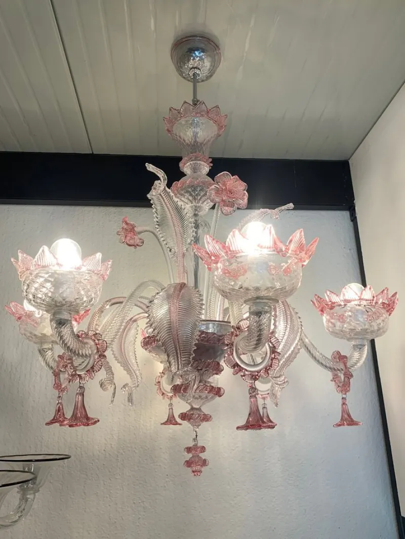 Best Pamono Transparent and Pink Murano Style Glass Chandelier with Flowers and Leaves from Simoeng