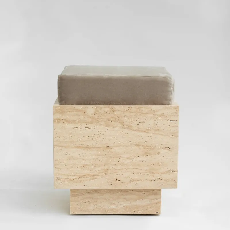 Best Pamono Travertine Cube Stool with Velvet Cushion from Kiwano Concept