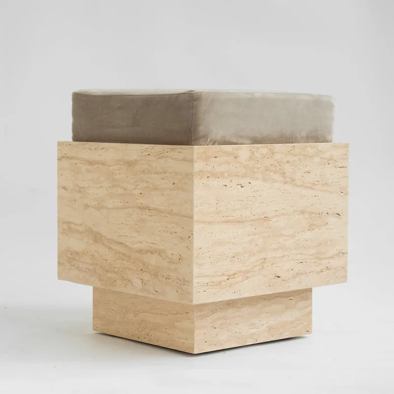 Best Pamono Travertine Cube Stool with Velvet Cushion from Kiwano Concept