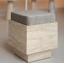 Best Pamono Travertine Cube Stool with Velvet Cushion from Kiwano Concept