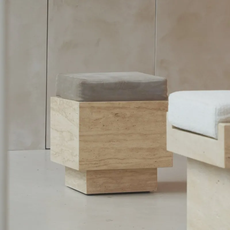 Best Pamono Travertine Cube Stool with Velvet Cushion from Kiwano Concept
