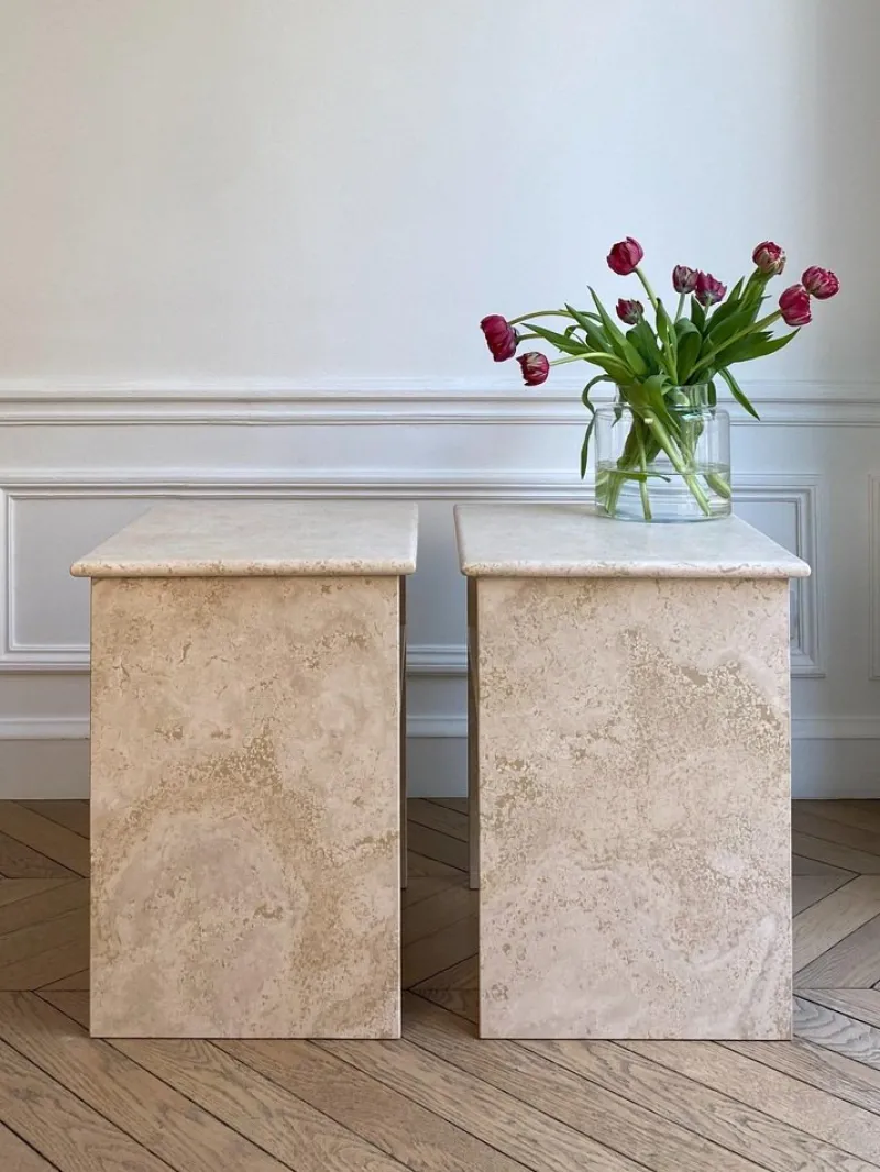 Pamono Travertino Al Verso Bedside Tables by Almarmo, Set of 2> Tables