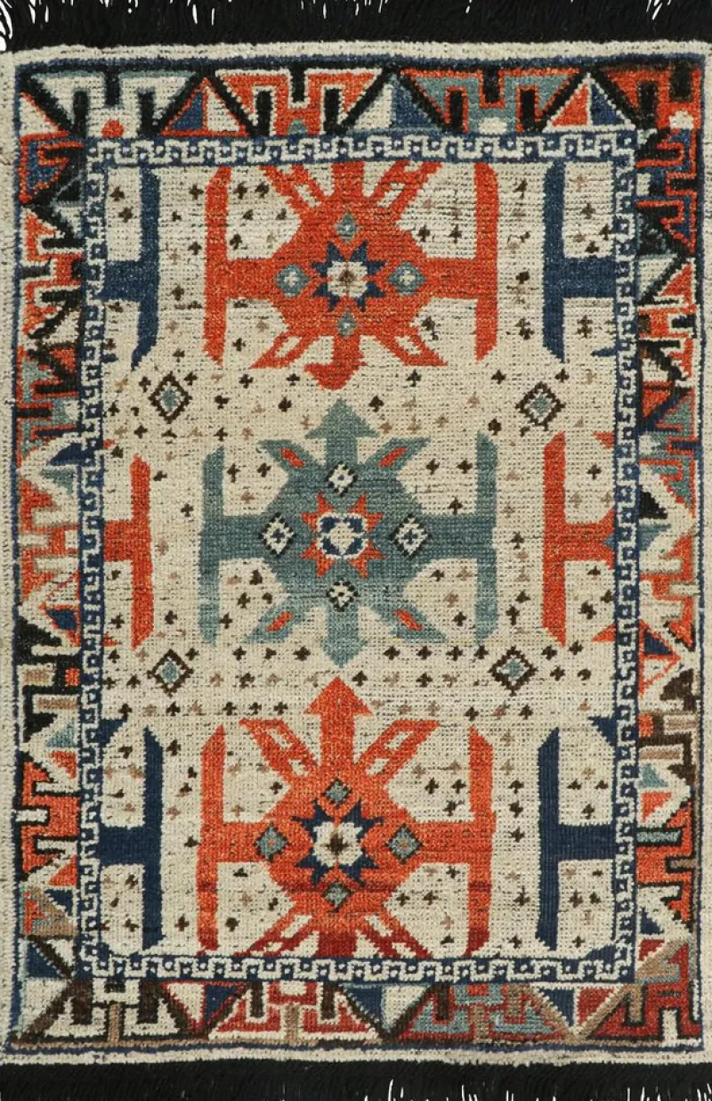 Pamono Tribal Rug Sample with Orange and Blue Geometric Patterns from R&K Principal Jahanshah Nazmiyal