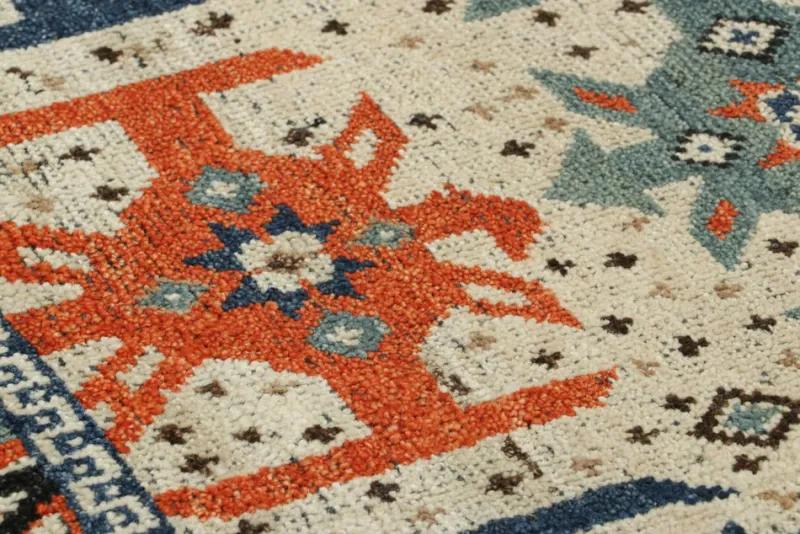 Pamono Tribal Rug Sample with Orange and Blue Geometric Patterns from R&K Principal Jahanshah Nazmiyal